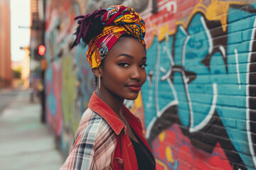 Trendy urban street fashion scene featuring a stylish African - American woman in her late 20s,...