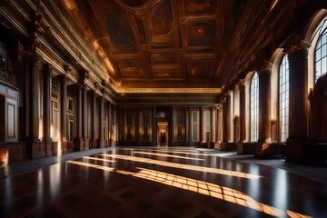 Naklejka premium an awe-inspiring hall illuminated flawlessly, accentuating its beauty and grace. This super realistic image highlights the intricate design elements, evoking a sense of magnificence and splendor