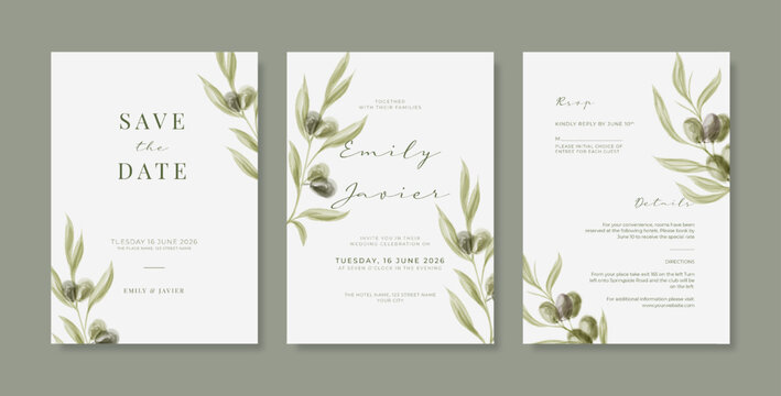 Elegant and minimalist wedding invitation with olive watercolor