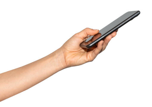 Isolated female hand with black unrecognisable smart phone. Cellphone in hand.
