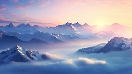 Fototapeta na wymiar Beautiful winter sunrise lanscapewith hills