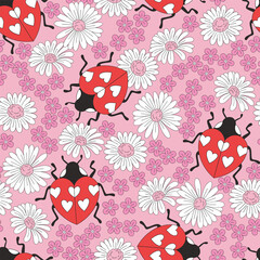 Groovy boho heart shape lady bug flower daisy vector seamless pattern. Saint Valentines Day romantic love floral background.