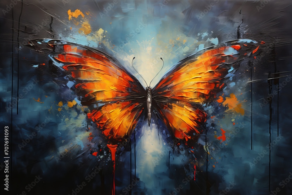 Poster abstract painting of a butterfly with colorful wings and splashes on canvas
