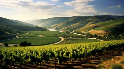 A sprawling vineyard, rows of grapevines neatly arranged against a backdrop of rolling hills.
