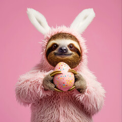 Cute sloth in a easter bunny costume holding a easter egg - 707691419