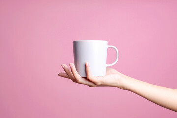 White mug mockup on woman's palm hand isolated on pink pastel background