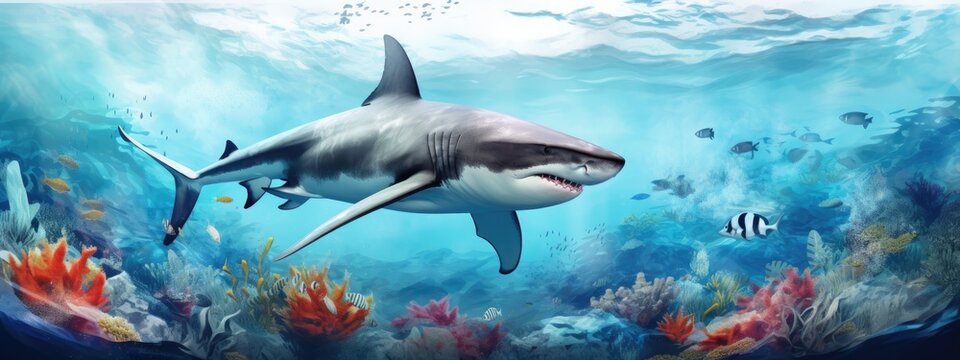 a grey shark in a beautiful blue ocean  with fishes, seaweed and corals. turquoise water color. background wallpaper
