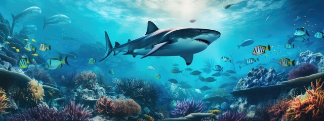 a grey shark in a beautiful blue ocean  with fishes, seaweed and corals. turquoise water color. background wallpaper