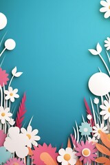 Paper cut Easter banner with colorful eggs, grass and flowers, with empty copy space Generative AI