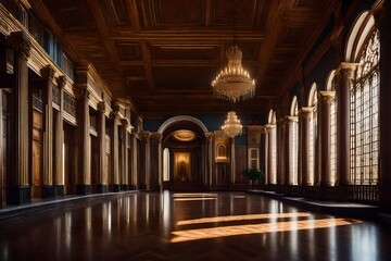 an awe-inspiring hall illuminated flawlessly, accentuating its beauty and grace. This super realistic image highlights the intricate design elements, evoking a sense of magnificence and splendor