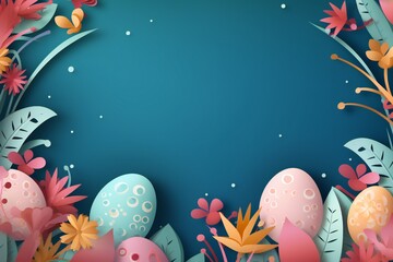 Fototapeta na wymiar Paper cut Easter banner with colorful eggs, grass and flowers, with empty copy space Generative AI