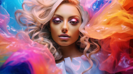 Obraz na płótnie Canvas Vibrant Beauty, An Enchanting Woman With Blonde Hair and a Kaleidoscope of Colorful Makeup