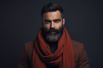 Portrait of handsome bearded man with red scarf. Men's beauty, fashion.