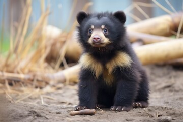 fluffy spectacled bear cub looking curiously at camera