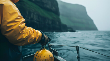 Industrial Nordic fisherman handling a buoy on his boat, commercial fishing concept. Shallow field of view.	 - obrazy, fototapety, plakaty