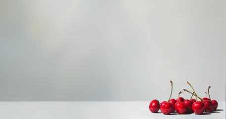 Red cherries on white surface with ample copy space, minimalist fruit composition.
