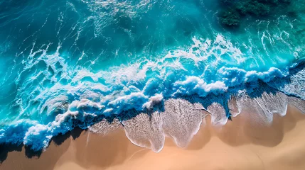 Foto op Canvas Aerial view of ocean waves crashing on sandy beach, tranquil nature scene.  © henjon