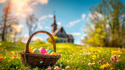 Foto op Canvas Easter eggs in basket with blurred spring church landscape at sunrise.  © henjon