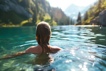 Woman taking a refreshing morning swim in a mountain lake during a summer hike. Shallow field of view.