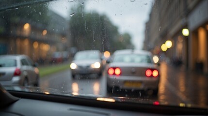 cars can be seen through a car window wet with rain  - obrazy, fototapety, plakaty