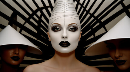 Ethereal Enigma, A Captivating Woman Adorned in White Makeup and Profoundly Dark Lips