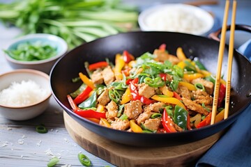 tempeh stir-fry with colorful bell peppers in wok