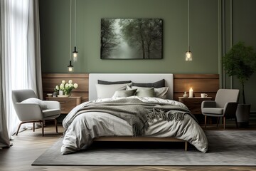 A modern and cozy bedroom with a green accent wall, white bedding, and a gray area rug. The room also features a wooden headboard, two pendant lights, and a painting of trees