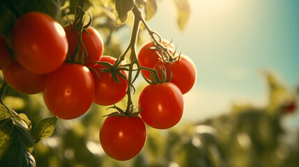 Fresh tomatoes that grow on the vine - obrazy, fototapety, plakaty