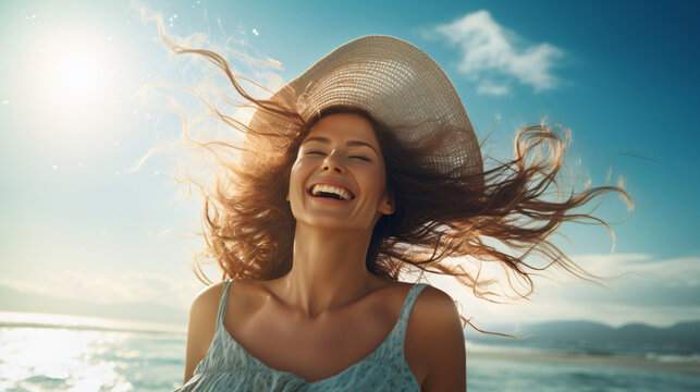 Happy woman on the ocean coast sea sun summer vacation