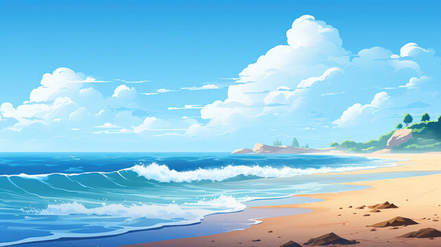Ocean beach landscape illustration in cartoon style. Scenery background.