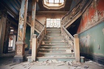 weathered staircase in a decaying foyer