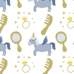 cute fairy characters unicorn and princess accessories seamless pattern. Vector illustration can used for greeting card, childish celebration card, wallpapers. 