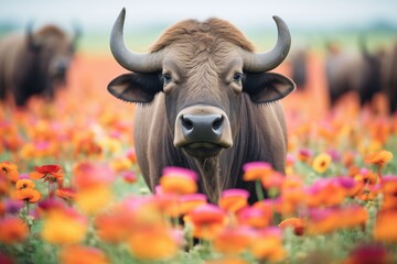 buffalo herd amidst blooming flowers