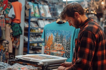Man creating a unique design on a T-shirt by printing