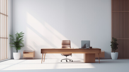Elegant Minimalist Home Office with Wooden Desk and Sunlight