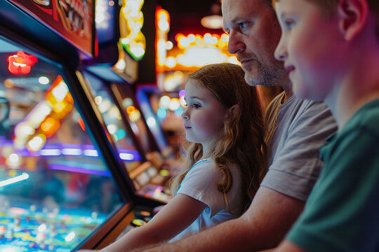 Illustrate a family spending a fun day out at an arcade center. They are playing a variety of arcade games together