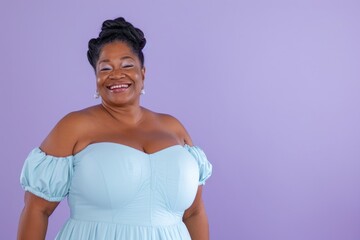 Happy African American Woman in Blue Dress on Purple Background