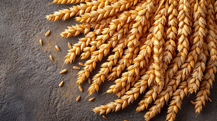 Wheat sheaves on a textured wooden background.