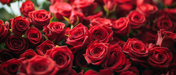 A bunch of deep red colored roses, top view, wide scale image.