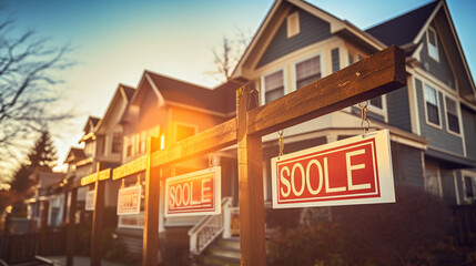 Sold Home For Sale Sign in Front of a row of town houses or home  - obrazy, fototapety, plakaty
