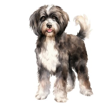 Portuguese Water dog breed watercolor illustration. Cute pet drawing isolated on white background.