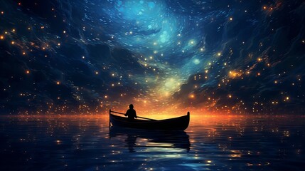 Boy exploring the starry night sea with a glowing boat, digital art illustration - obrazy, fototapety, plakaty