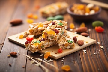 granola bars with dried fruit on wood surface
