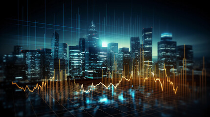 Stock market business concept with financial chart on screen and metropolis. Investment and trading background 