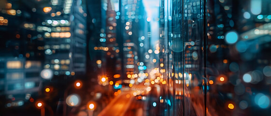 Dusk or night city lights, view of a modern futuristic cityscape. Defocused image of an urban street. Traffic lights, tall buildings, towers, skyscrapers with glowing windows. Wide scale image.