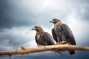 buzzards against backdrop of storm clouds