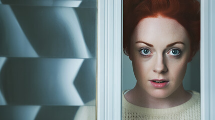 The Scarlet Glimpse, A Fiery-Haired Woman Immersed in the Window of Time and Reflection