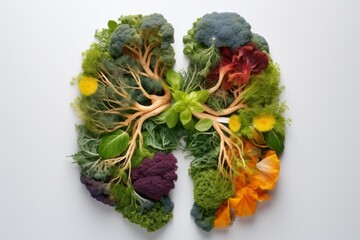 vegetables shaped like a human lungs to illustrate healthy eating equals healthy living
