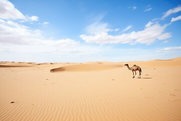wide angle shot of a vast desert with a lone camel