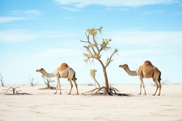 camels grazing on sparse desert vegetation